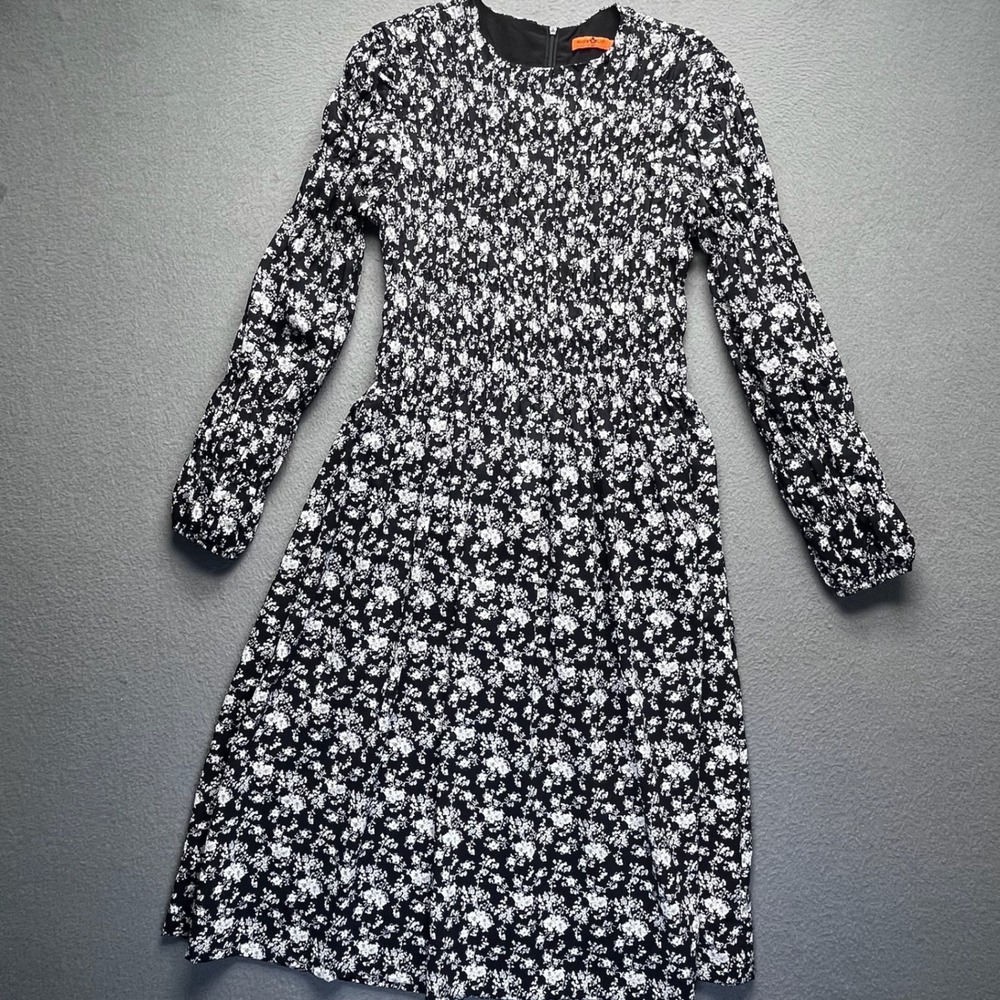 Maple & Cliff Women Smocked Midi Dress Black White Floral Long‎ Sleeve S Boho
